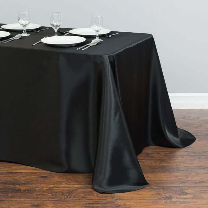 Satin Rectangular 90"x132" Tablecloth Black - Seamless Stylish Table Cover for Weddings and Parties