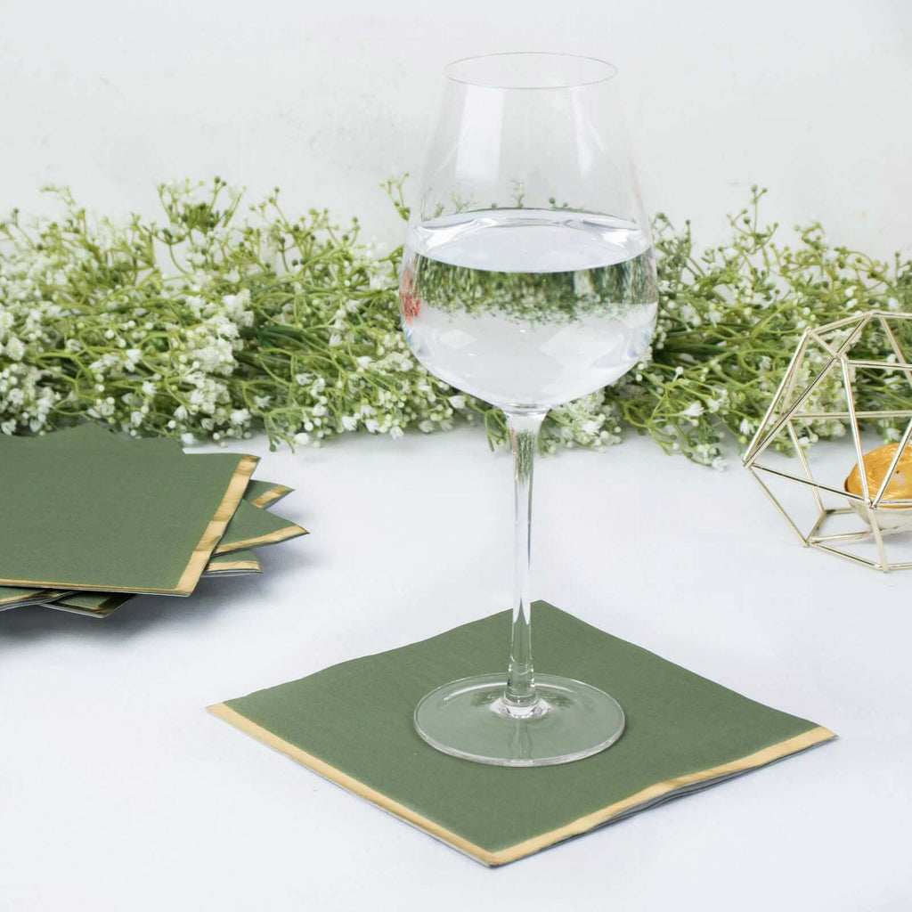 50-Pack Paper Beverage Napkins with Gold Foil Olive Green - Disposable 2 Ply Cocktail Napkins for Events 6.5"x6.5"