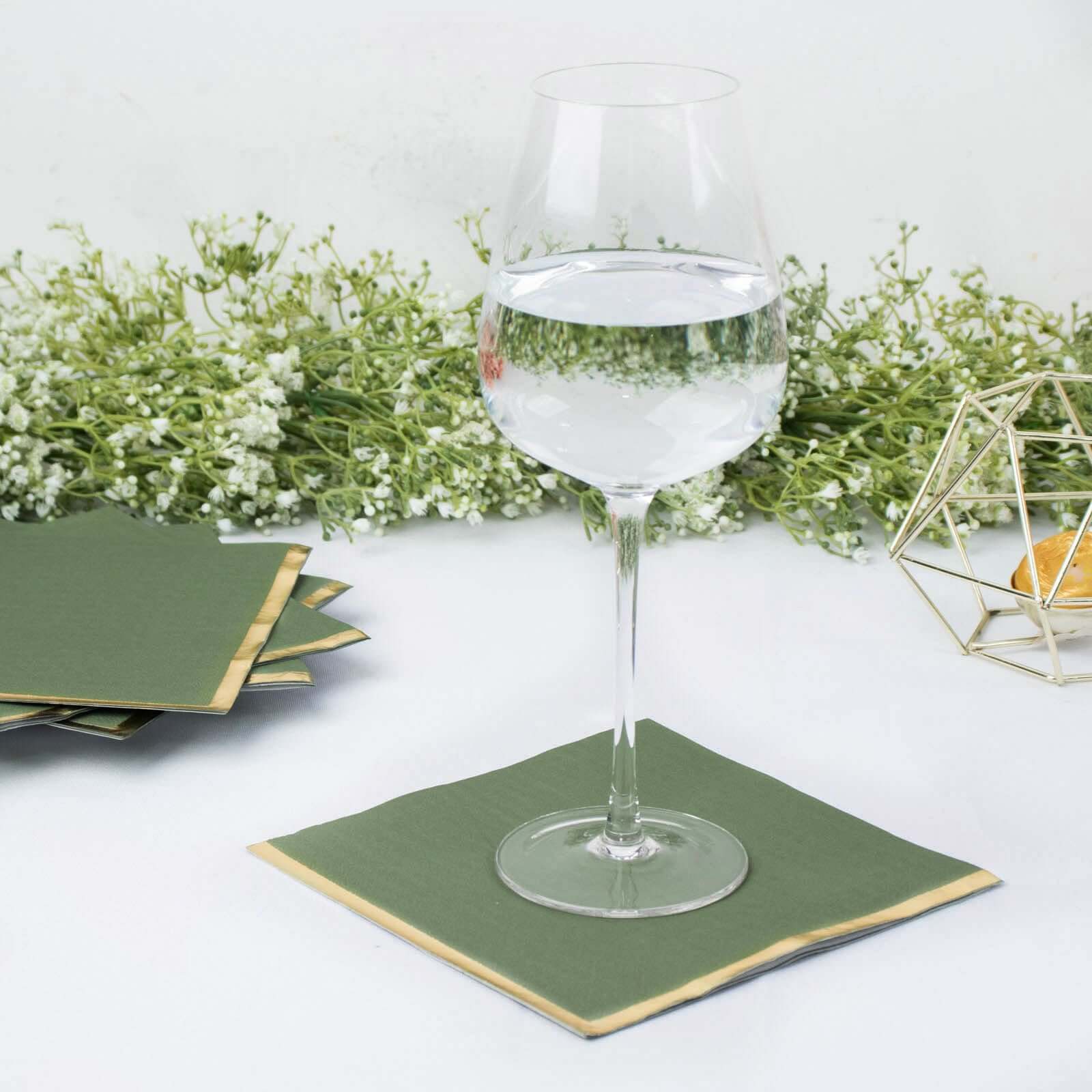 50-Pack Paper Beverage Napkins with Gold Foil Olive Green - Disposable 2 Ply Cocktail Napkins for Events 6.5"x6.5"