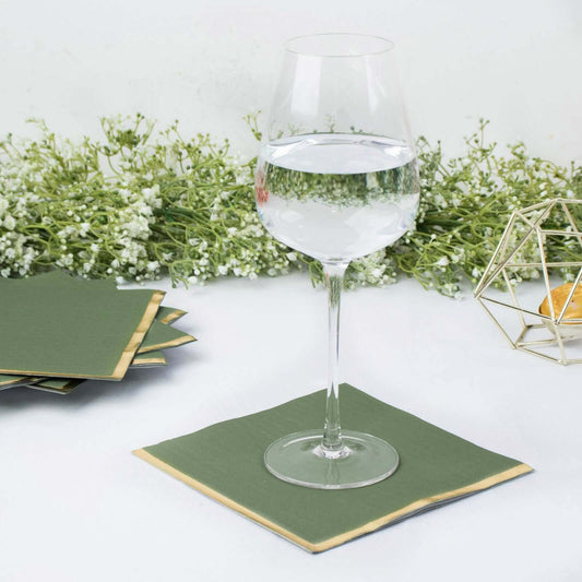 50-Pack Paper Beverage Napkins with Gold Foil Olive Green - Disposable 2 Ply Cocktail Napkins for Events 6.5"x6.5"