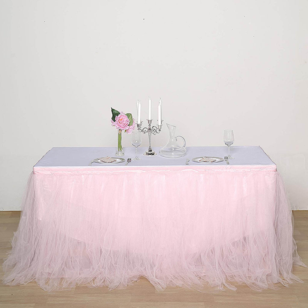 Tulle 17ft Table Skirt Blush - 4 Layer Pleated Tutu Table Cover
