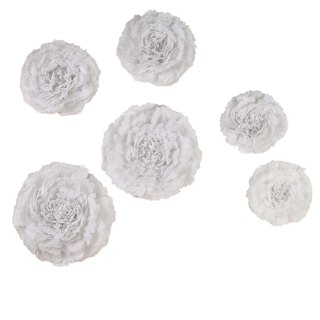 Set of 6 White Giant Carnation 3D Paper Flowers Wall Decor - 12",16",20"