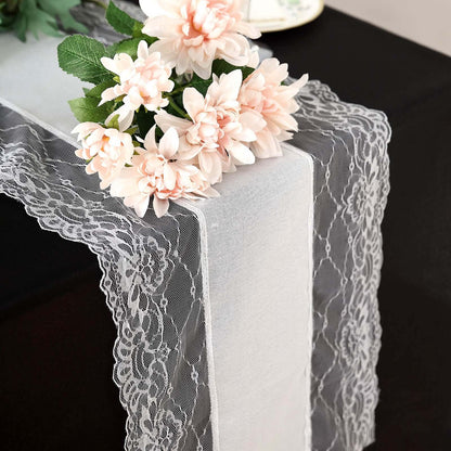 Faux Burlap Jute 16"x108" Table Runner White With Lace Edging - Rustic Farmhouse Table Linen