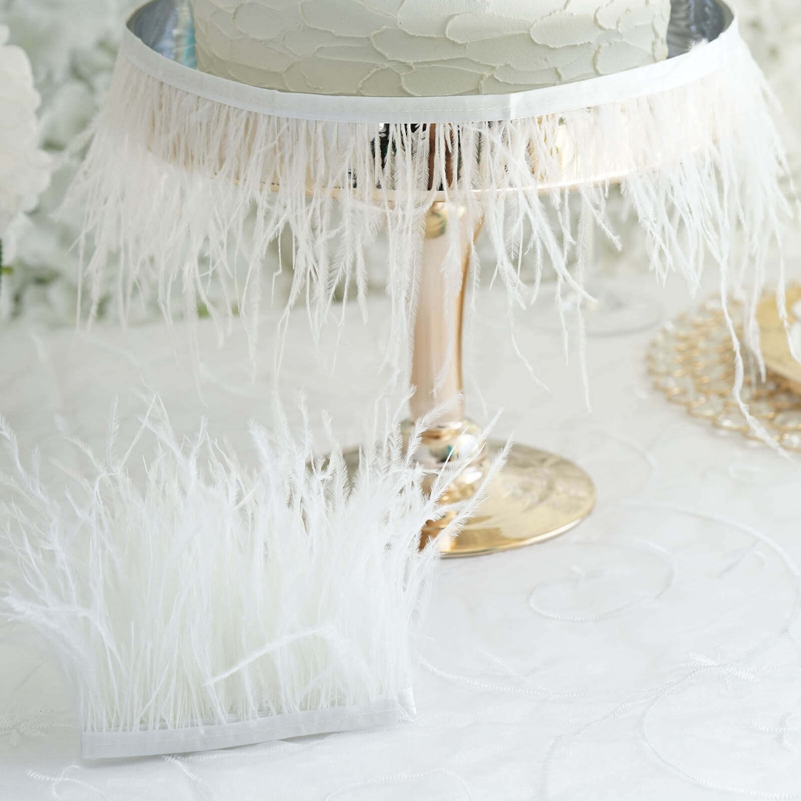 39" White Real Ostrich Feather Fringe Trim With Satin Ribbon Tape