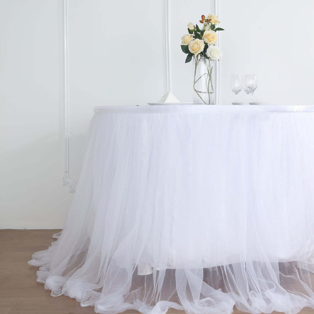 Extra Long Tulle 14ft Table Skirt White with Satin Edge - Table Cover for Baby Showers & Events
