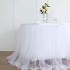 Extra Long Tulle 14ft Table Skirt White with Satin Edge - Table Cover for Baby Showers & Events