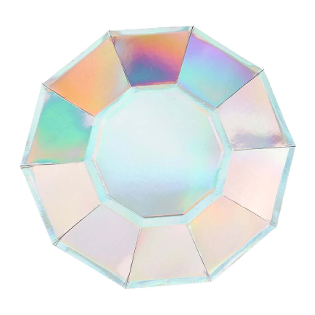 25-Pack Paper 9" Decagon Dinner Plates in Iridescent - Disposable Geometric Party Plates for Disco & Space Themed Events