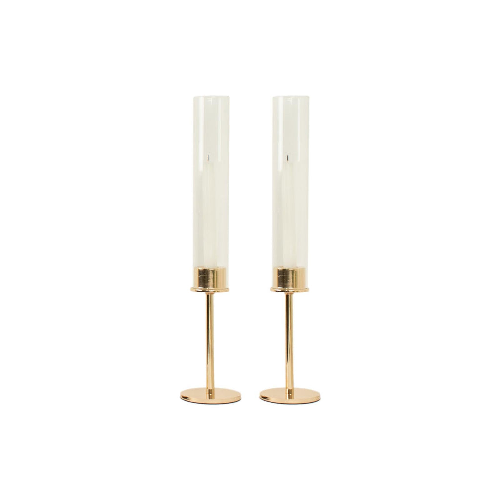 2-Pack Gold Metal Taper Candlestick Holders, Clear Glass Hurricane Candle Stands With Chimney Candle Shades 16"