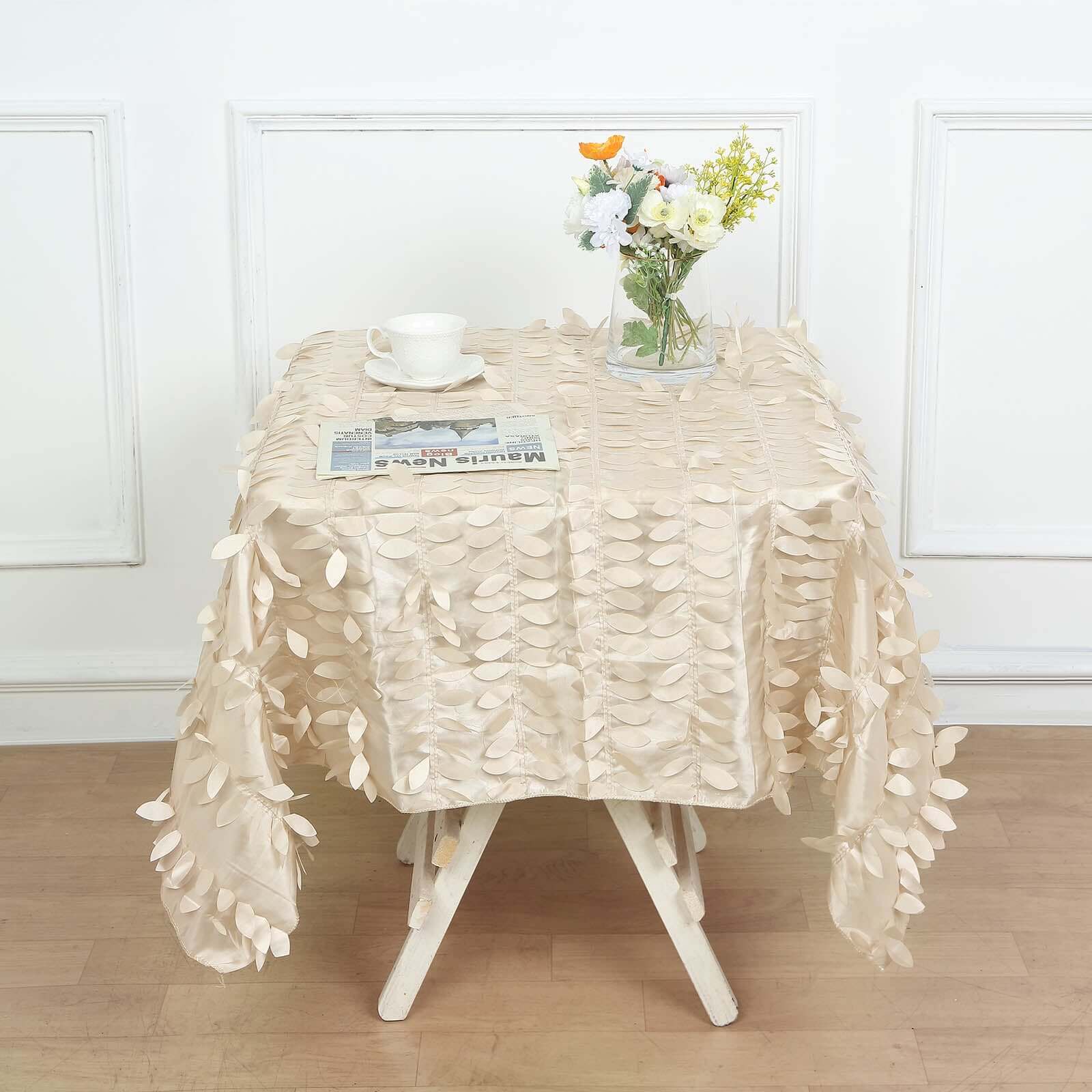 Taffeta 54"x54" Square Tablecloth Beige 3D Leaf Petal Table Cover