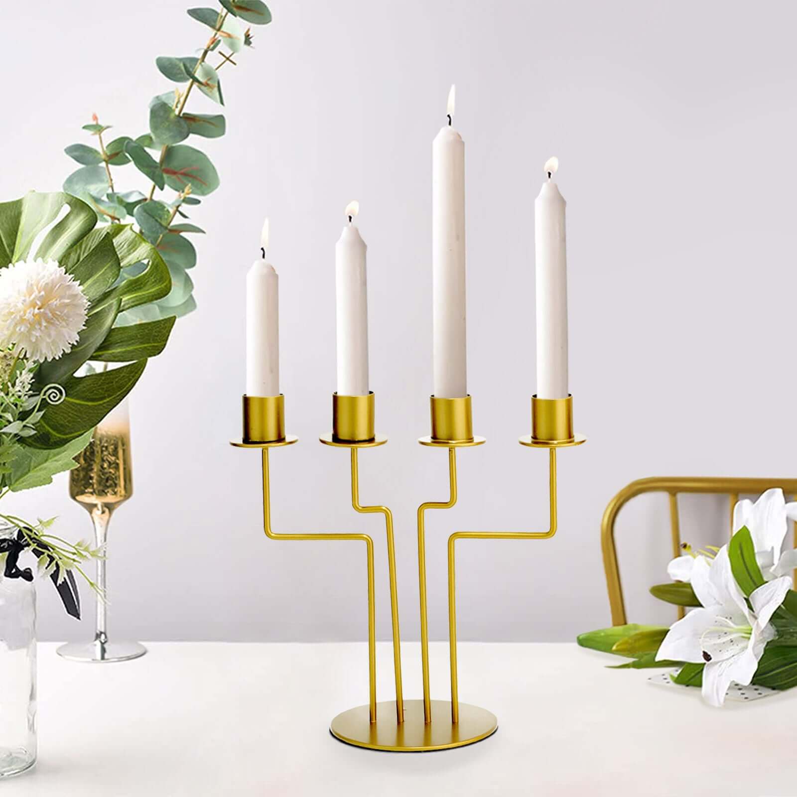 2-Pack Geometric Taper Candelabra 4 Arm Design Gold Metal Decorative Centerpiece - Perfect for Events 8"