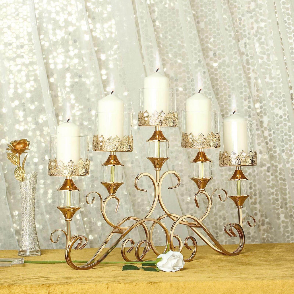 5-Arm Metal Table Candelabra Antique Gold Crown Top Design - Stylish Horizontal Table Centerpiece with Glass Votive Holders 18"
