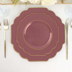 10-Pack Plastic Dessert Appetizer Plates in Cinnamon Rose Baroque Design with Scalloped Gold Rim - Heavy Duty Disposable Salad Plates 8"