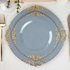 10-Pack Plastic 8" Round Dessert Plates in Dusty Blue with Gold Leaf Embossed Rim - Disposable Vintage Baroque Style Salad Plates