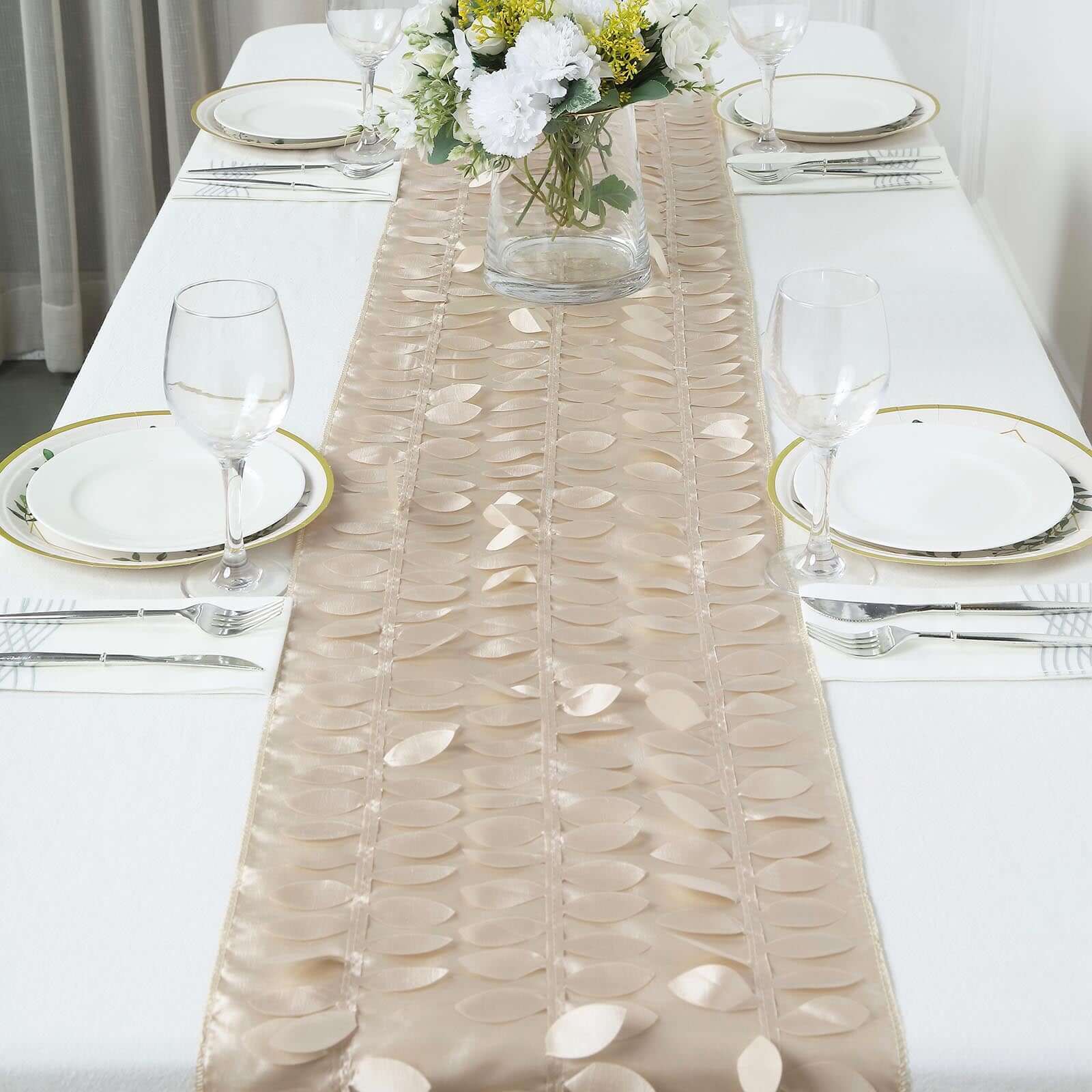 Taffeta Fabric 12"x108" Table Runner Beige - 3D Leaf Petal Design