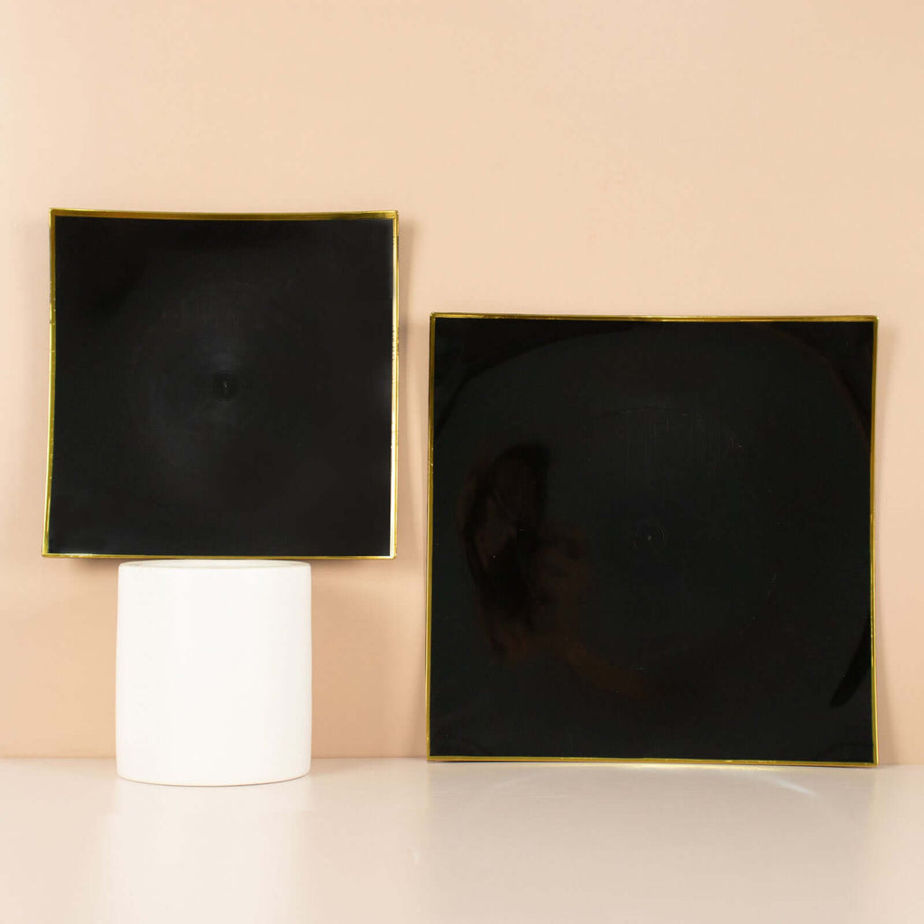 10-Pack Plastic 8" Square Dessert Plates in Black Concave Style with Gold Rim - Modern Disposable Salad Appetizer Party Plates