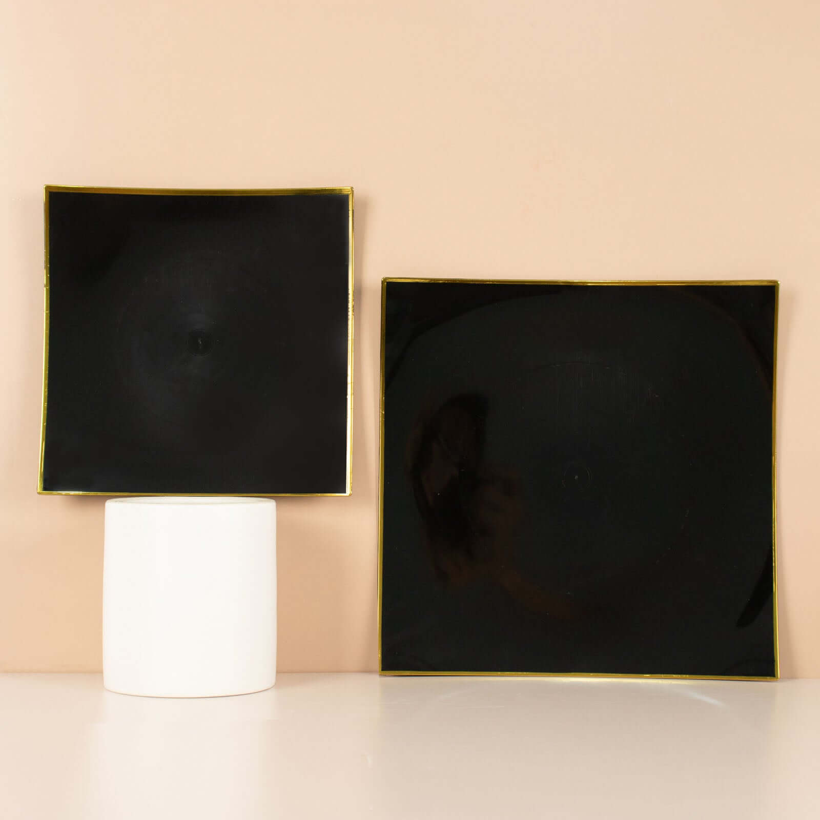 10-Pack Plastic 8" Square Dessert Plates in Black Concave Style with Gold Rim - Modern Disposable Salad Appetizer Party Plates