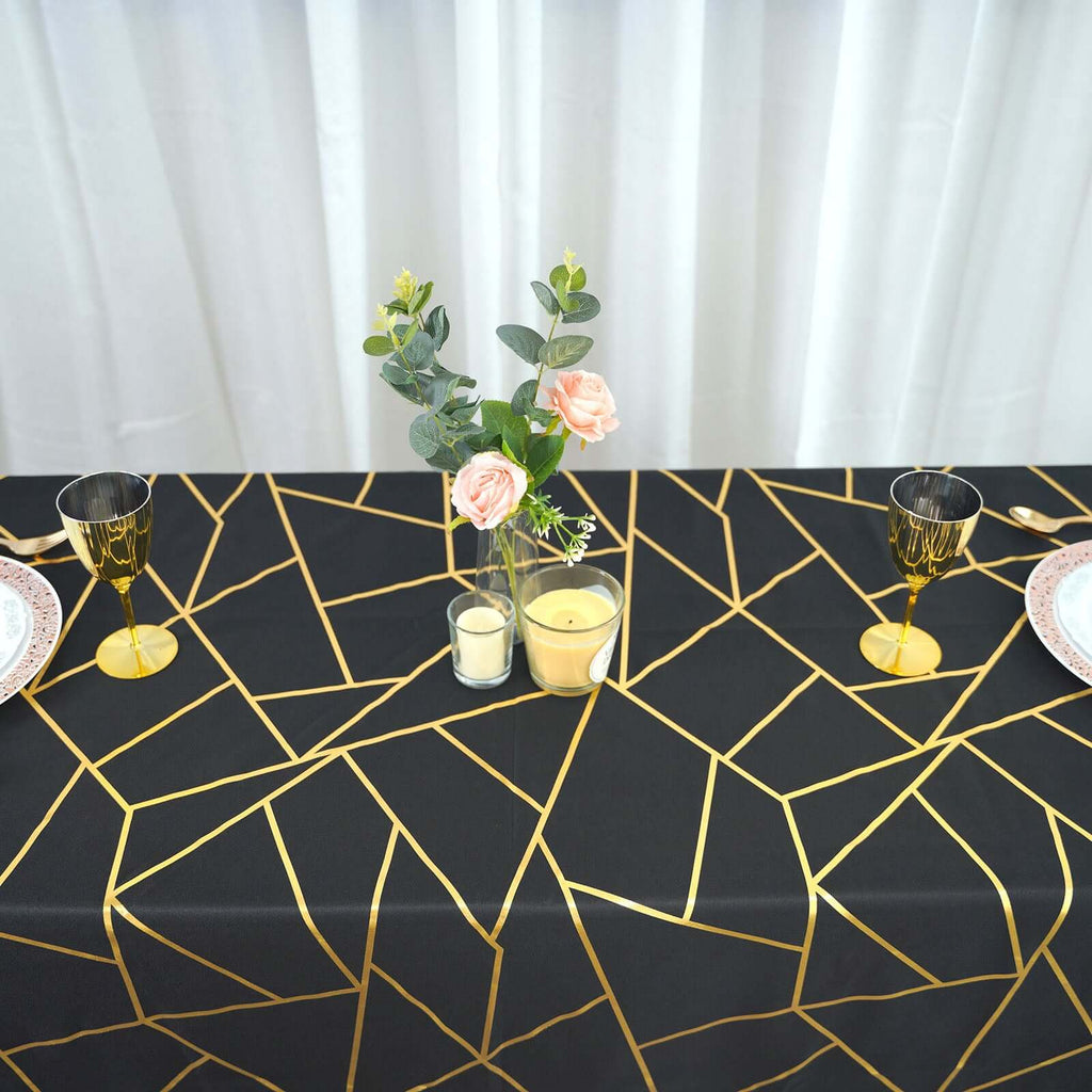 Polyester 60"x102" Rectangle Tablecloth Black with Gold Foil Geometric Pattern - Wrinkle-Resistant & Durable Table Cover