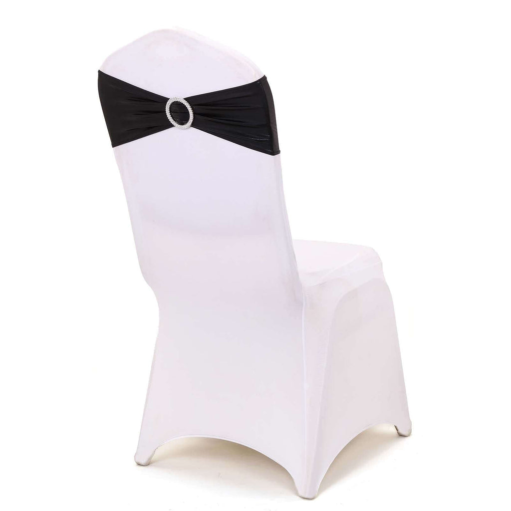 5 Pack Metallic Spandex Chair Sashes Black - Stretch Fit Chair Bands With Round Diamond Buckles for Glamorous Event Decor