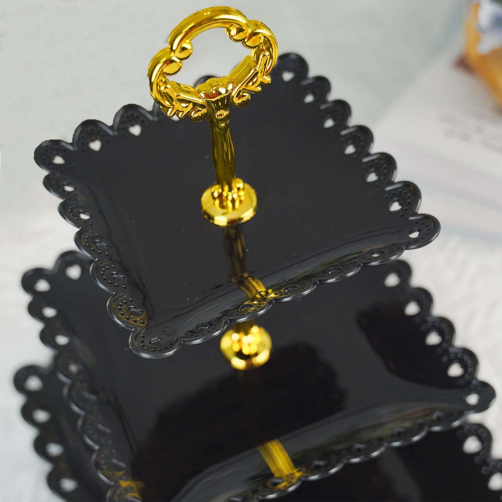 3-Tier Plastic Square Cupcake Stand Tower Black - Charming Disposable Dessert Display Serving Tray Platter with Heart Wavy Edge & Gold Top Handle for Tea Parties Weddings & Special Occasions 13"
