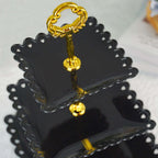 3-Tier Plastic Square Cupcake Stand Tower Black - Charming Disposable Dessert Display Serving Tray Platter with Heart Wavy Edge & Gold Top Handle for Tea Parties Weddings & Special Occasions 13"
