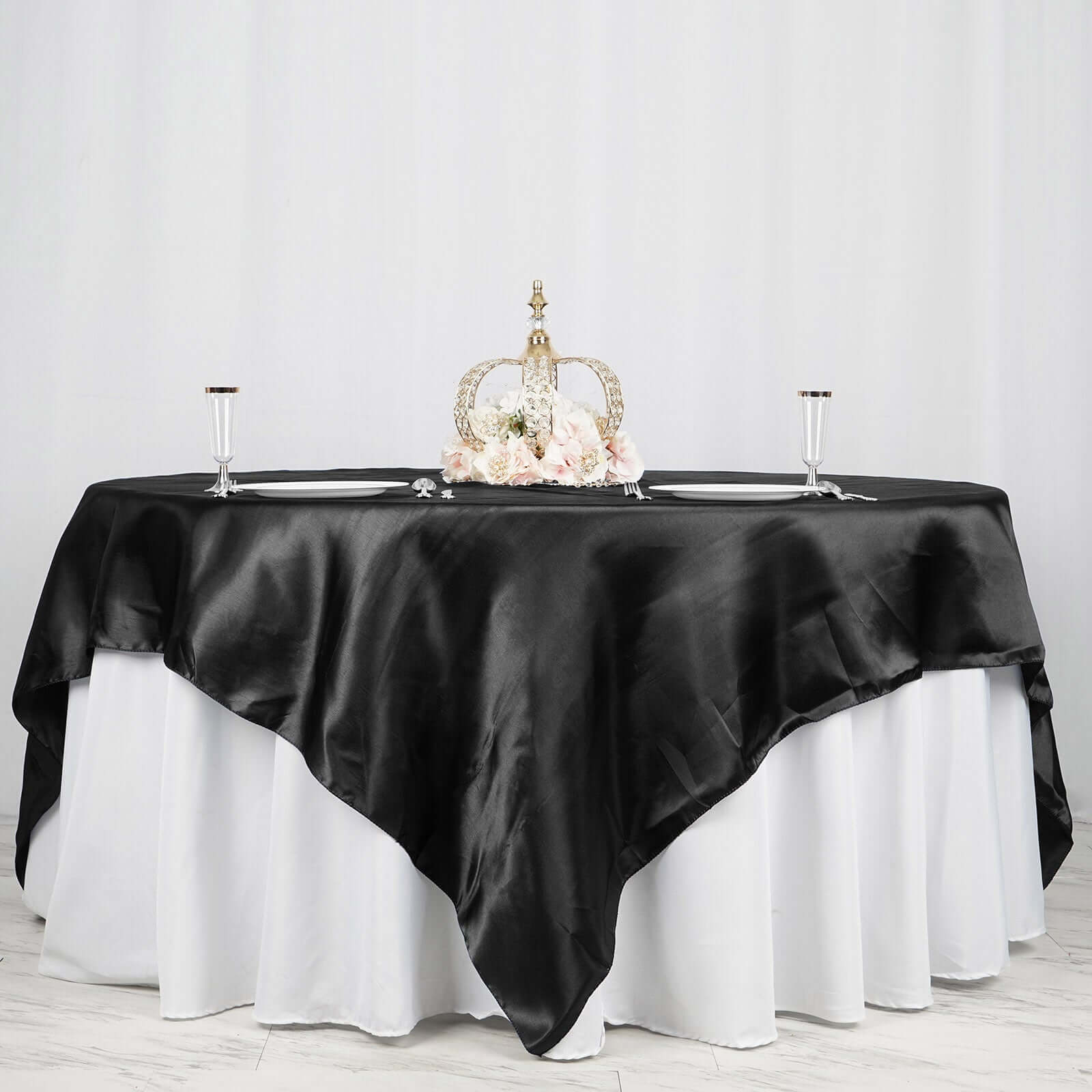 Satin 90"x90" Table Overlay Square Tablecloth Black - Smooth Finish Table Topper