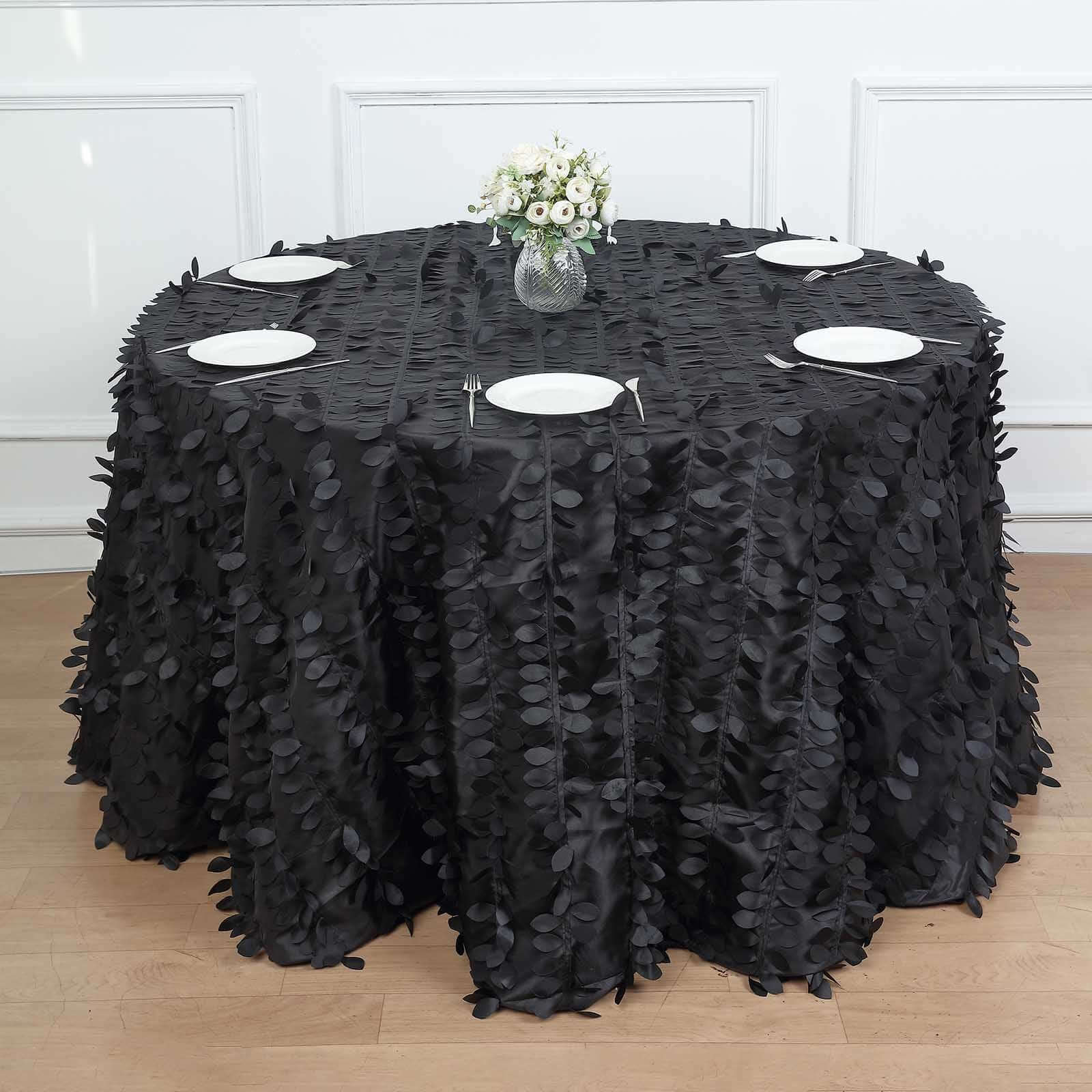 Taffeta 120" Round Tablecloth Black | 3D Leaf Petal Design Seamless Table Cover