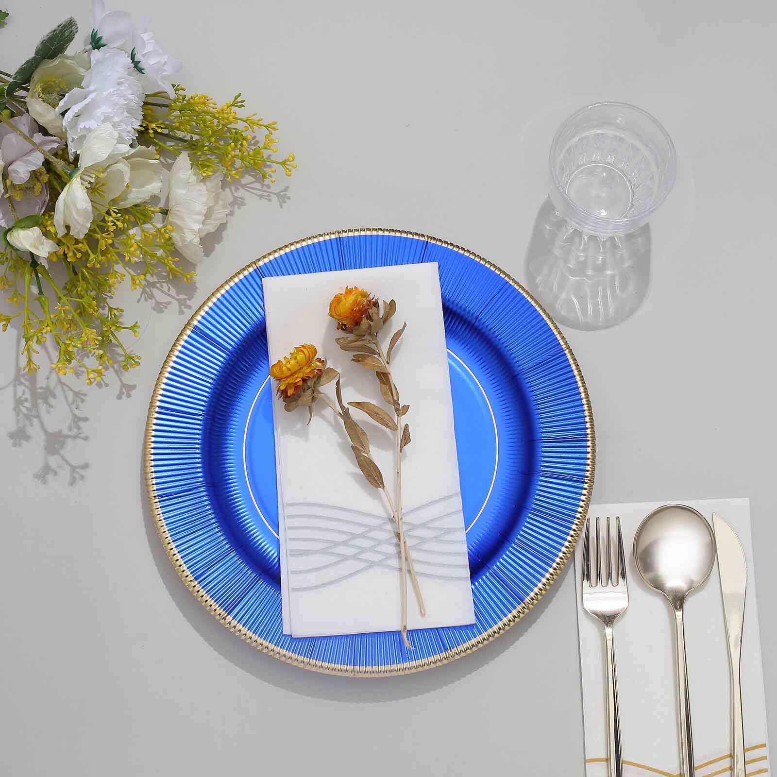 25-Pack Paper 10" Round Dinner Plates in Royal Blue Sunray Design with Gold Rim - Disposable Heavy Duty 350GSM Party Plates