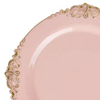 10-Pack Plastic 10" Round Dinner Plates in Blush with Gold Leaf Embossed Rim - Disposable Vintage Baroque Style Plates
