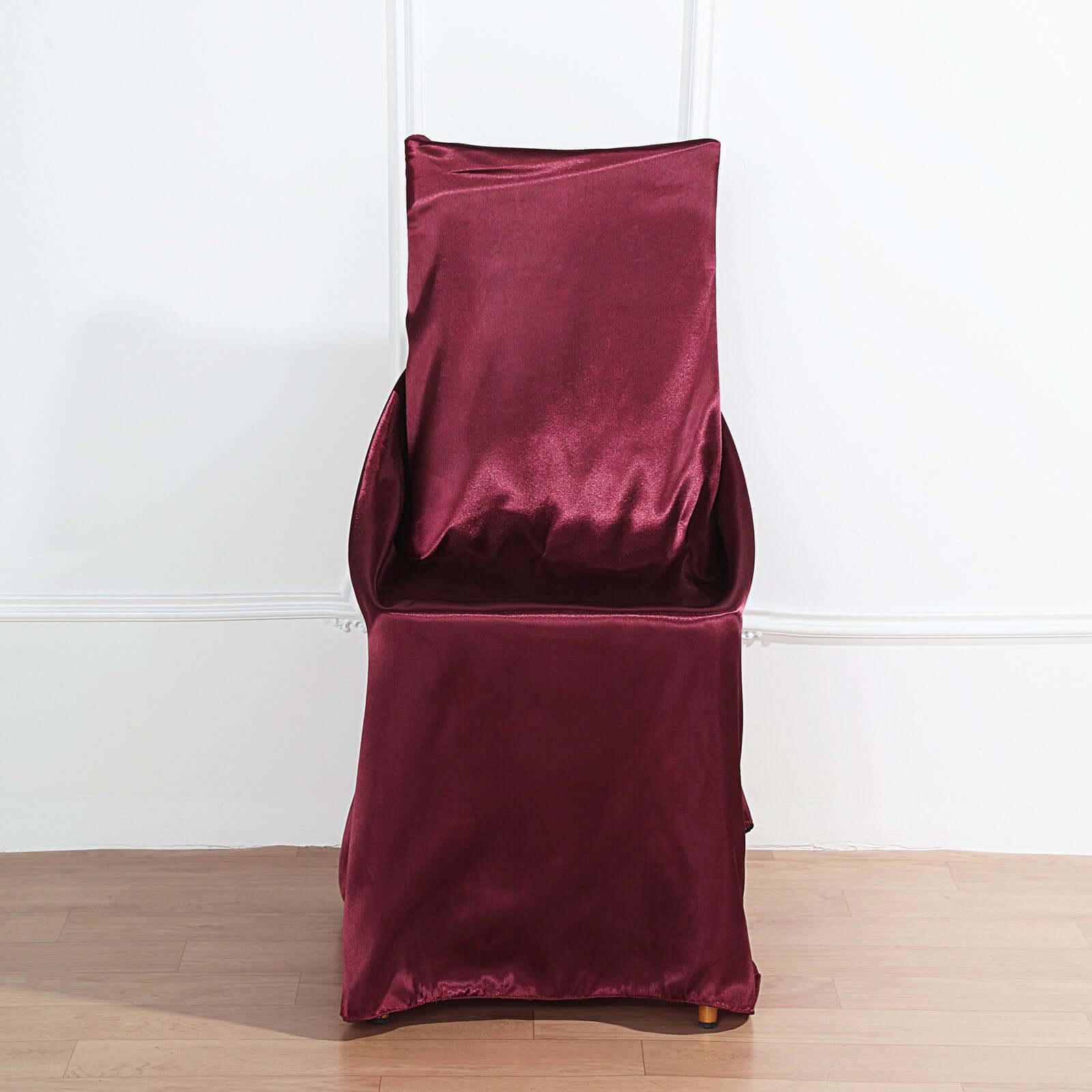 Satin Chair Cover Self-Tie Universal Design Burgundy - Durable Slip-On Cover for Folding, Dining, Banquet & Standard Chairs