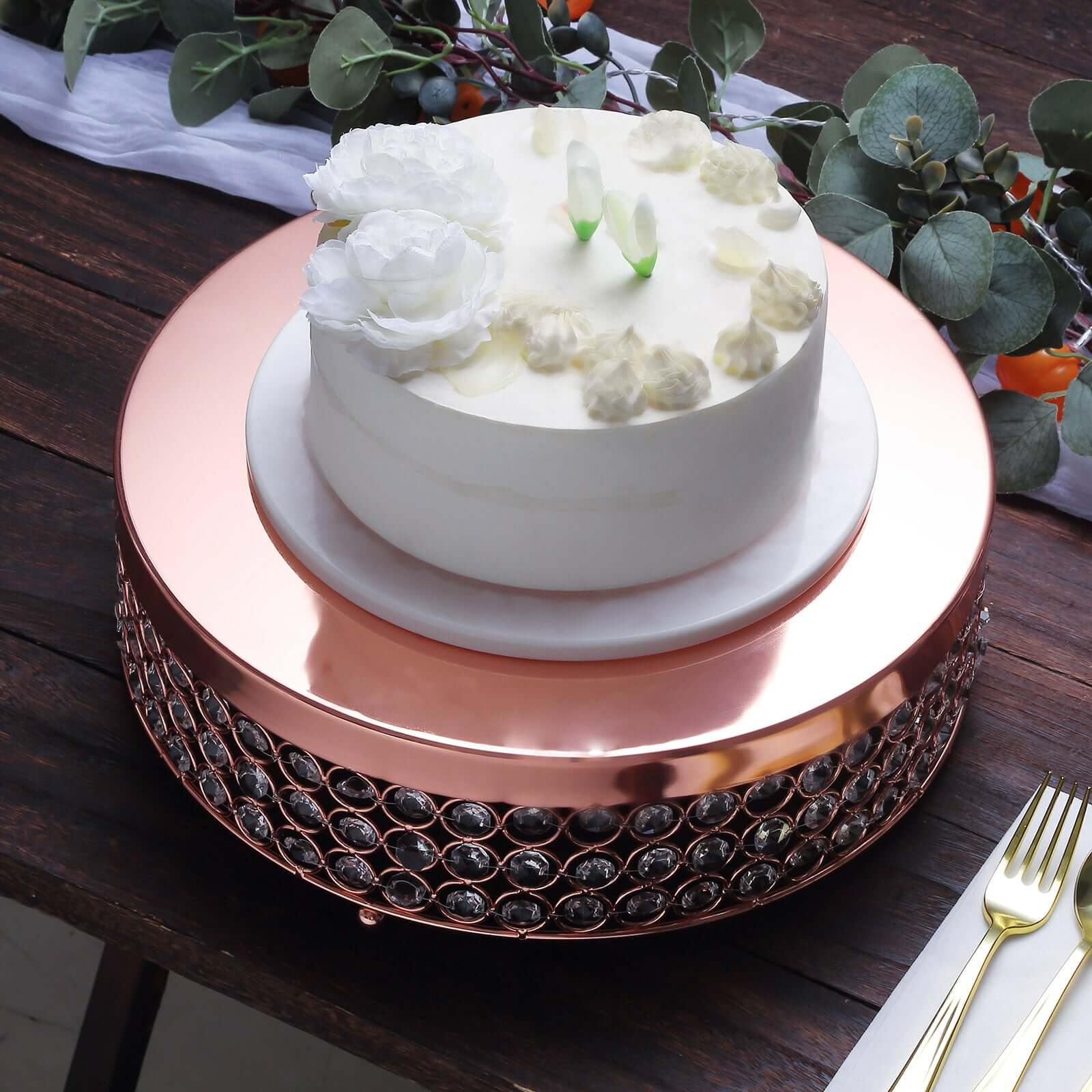 Metal Cake Stand Pedestal Crystal Beaded Design Rose Gold - Cupcake Display and Dessert Riser 14"