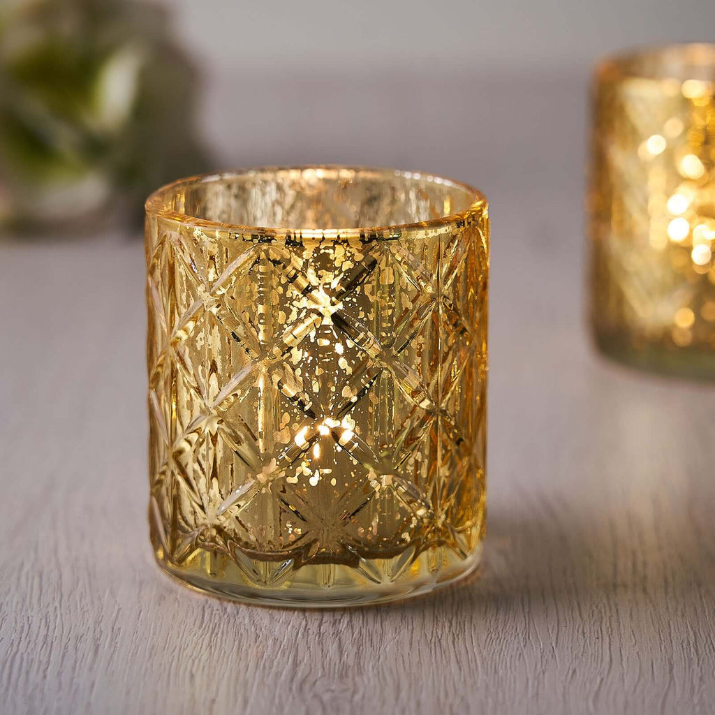 6-Pack Mercury Glass Candle Holders Shiny Gold with Geometric Design - Votive Tealight Holders 3"