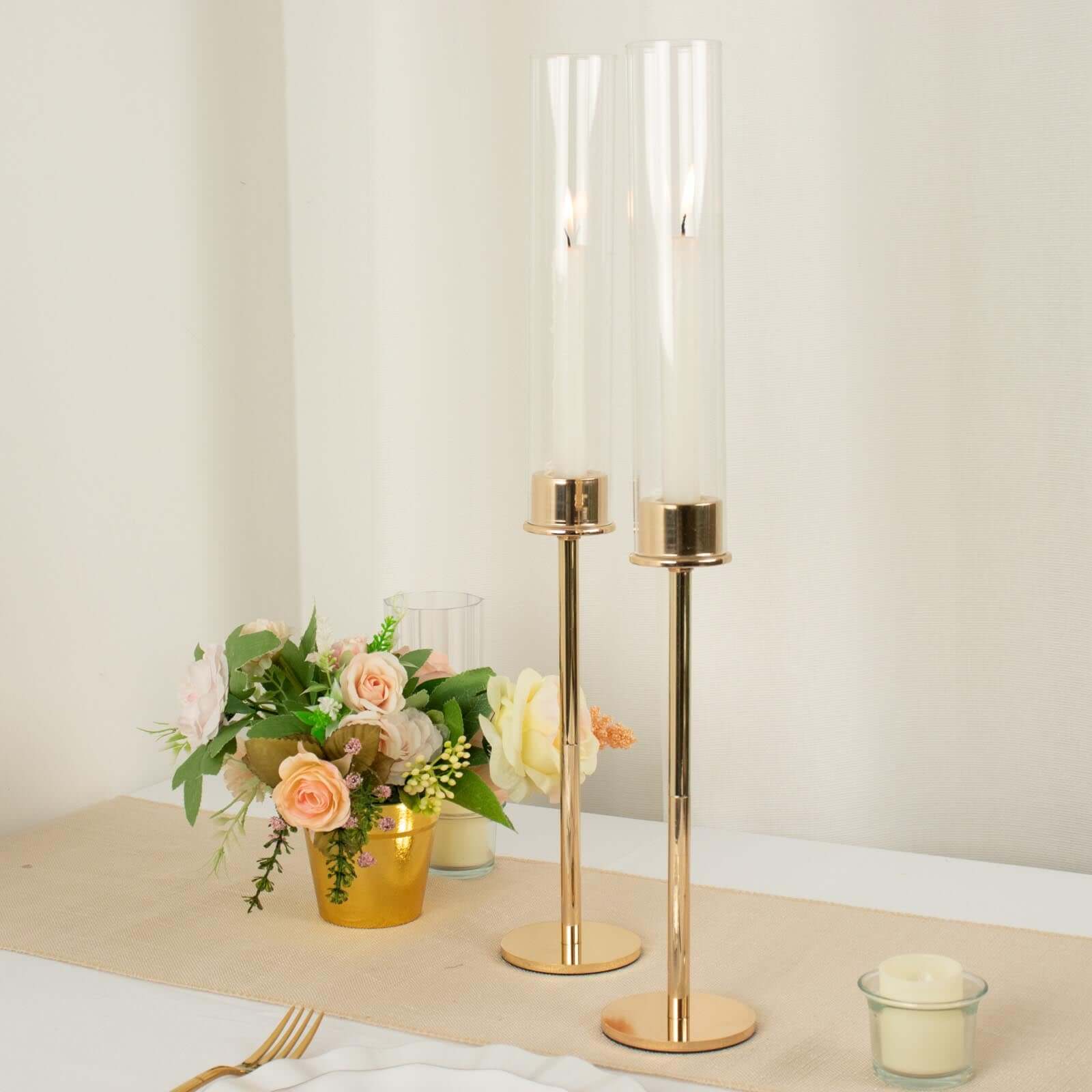 2-Pack Gold Metal Taper Candlestick Holders, Clear Glass Hurricane Candle Stands With Chimney Candle Shades 20"