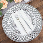 6-Pack Plastic Round Charger Plates 13" in Silver with Diamond Pattern, Sparkling Disposable Dinner Charger Tableware
