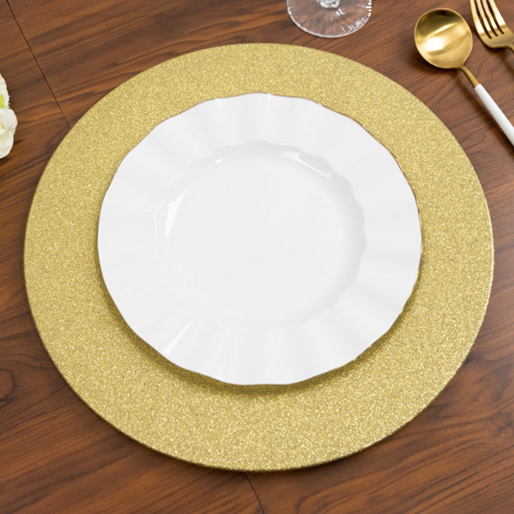 6-Pack Acrylic Plastic Round Charger Plates 13" in Gold with Dust Free Glitter Finish, Decorative Dinner Party Charger Tableware