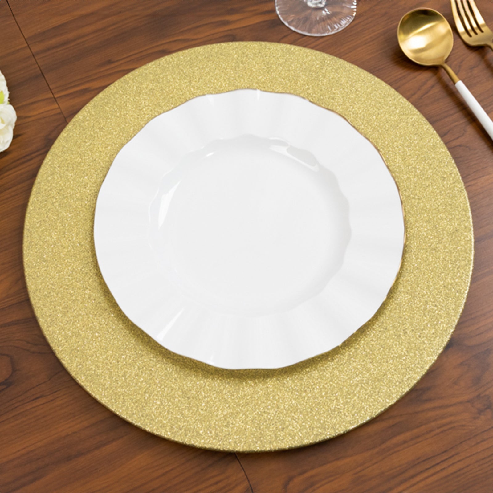 6-Pack Acrylic Plastic Round Charger Plates 13" in Gold with Dust Free Glitter Finish, Decorative Dinner Party Charger Tableware