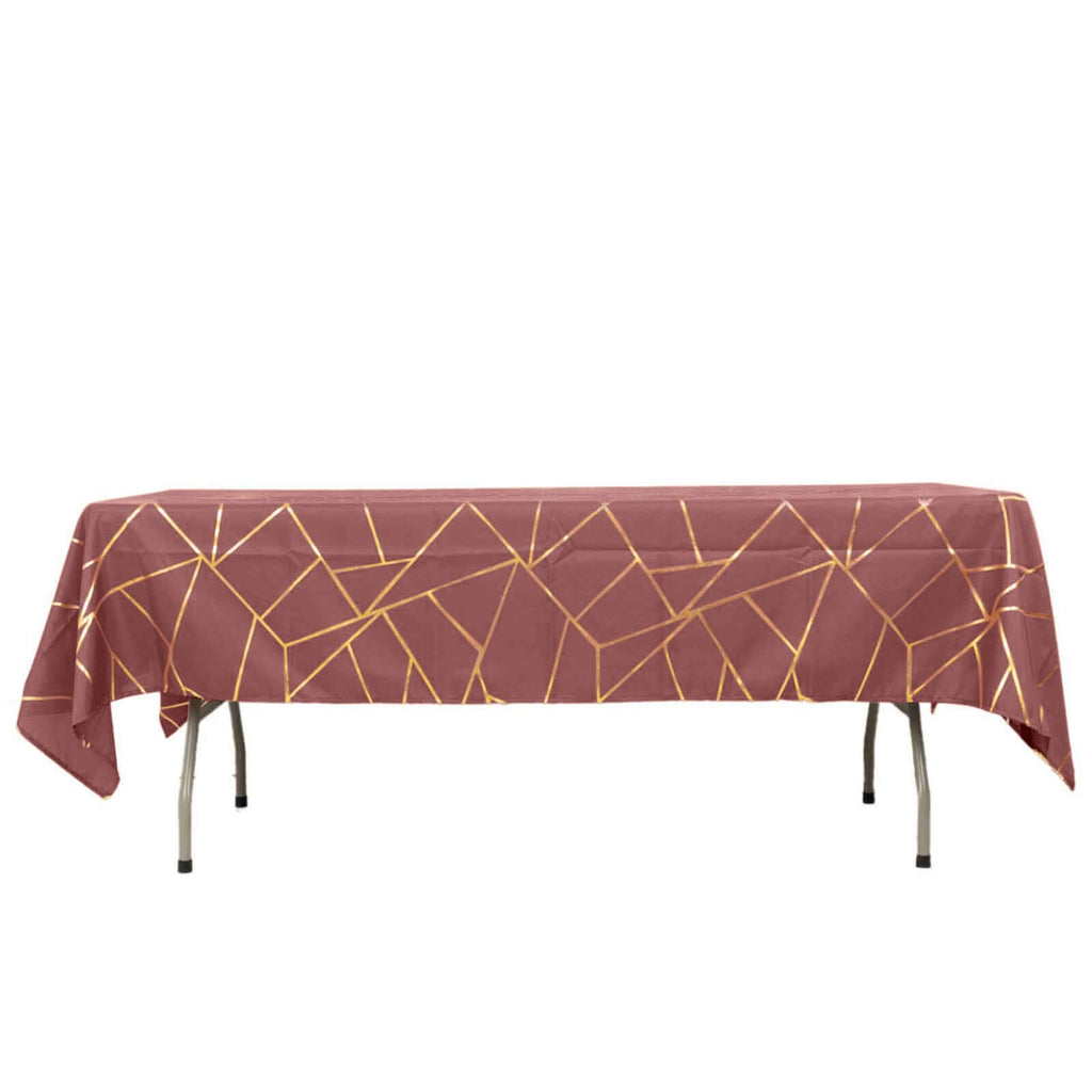 Polyester 60"x102" Rectangle Tablecloth Cinnamon Rose with Gold Foil Geometric Pattern - Wrinkle-Resistant & Durable Table Cover