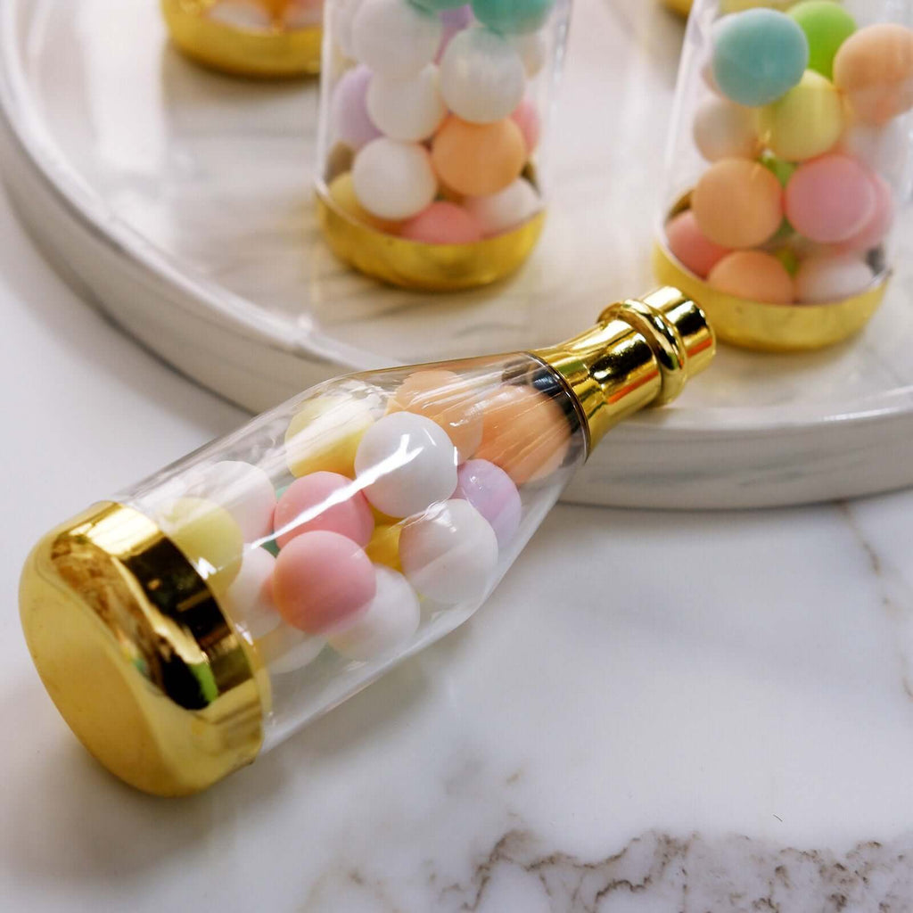 12-Pack Fillable Mini Champagne Bottle Candy Container Clear Gold - Unique Candy Treat Favor Containers 6"