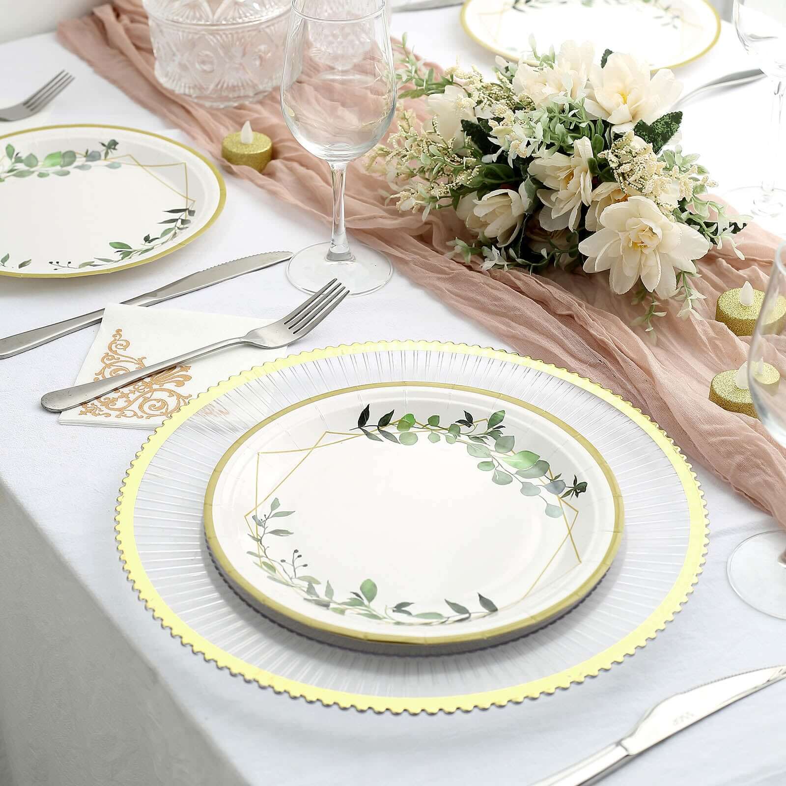 24-Pack Paper 9" Round Dinner Plates in White with Eucalyptus Leaves & Gold Rim - Disposable 300GSM Party Plates for Modern & Nature-Inspired Events