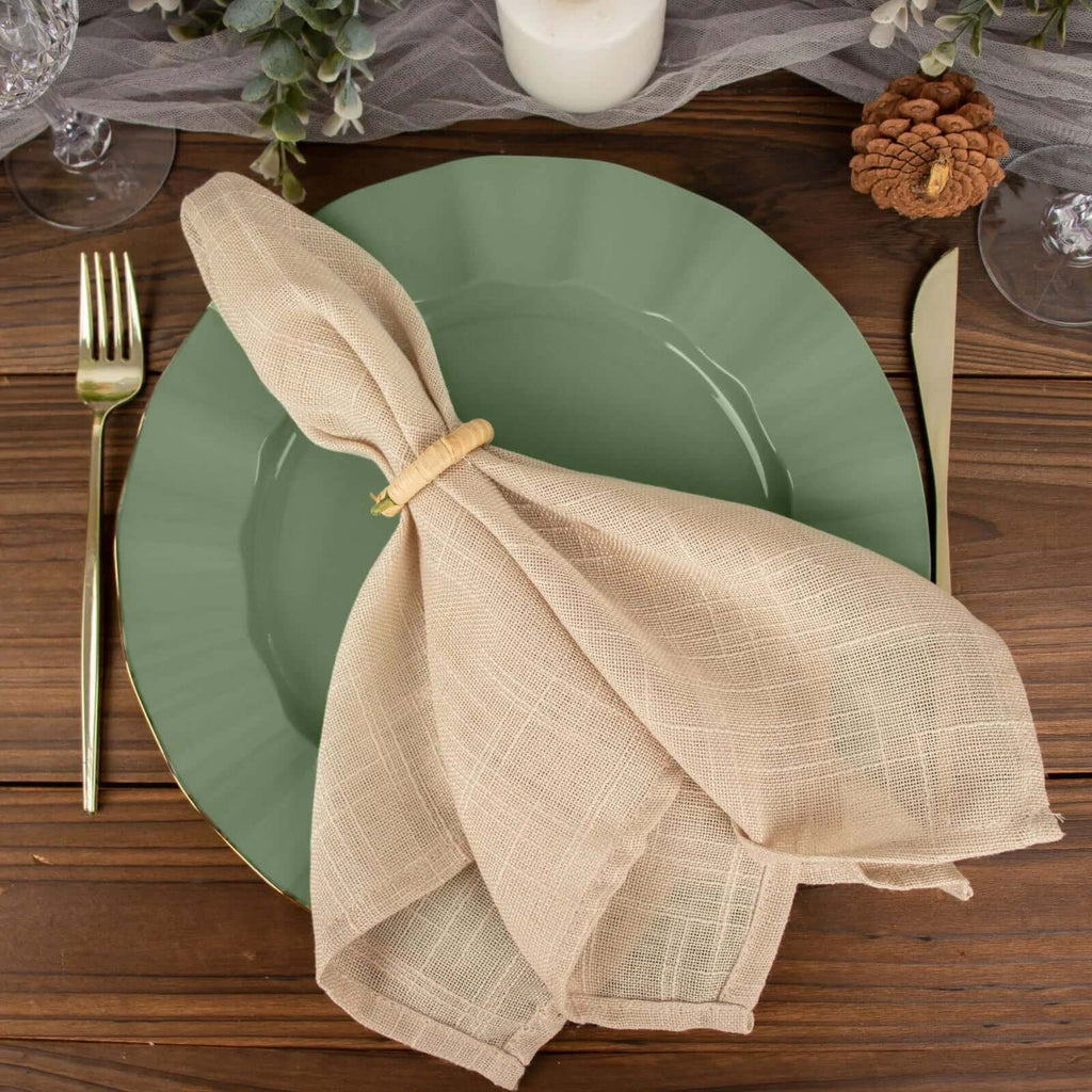 10-Pack Plastic 11" Round Dinner Plates in Dusty Sage Green Ruffled Rim with Gold Edging - Sturdy Disposable Dinnerware