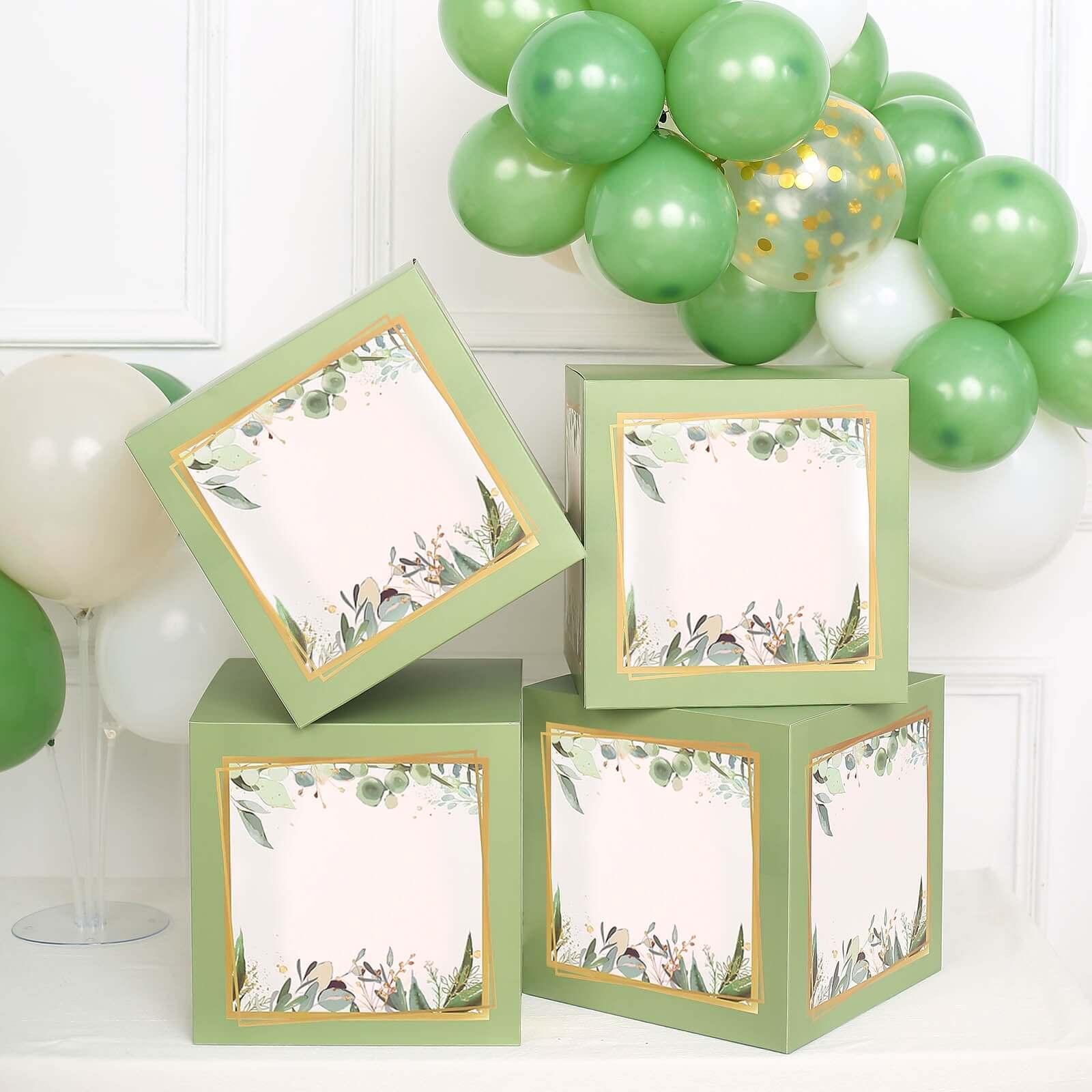 4 Pack Green Foliage Leaves Boho Design DIY Prop Balloon Boxes, Gender Neutral Baby Shower Party Decorations