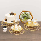Set of 3 Metal Cake Stands Geometric Reversible Octagon Design Gold - Dessert Display Baskets 7", 9", 11"