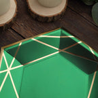 25-Pack Paper 7" Hexagon Dessert Plates in Hunter Emerald Green with Gold Geometric Lines & Rim - Stylish Disposable Geometric 300GSM Appetizer Salad Plates