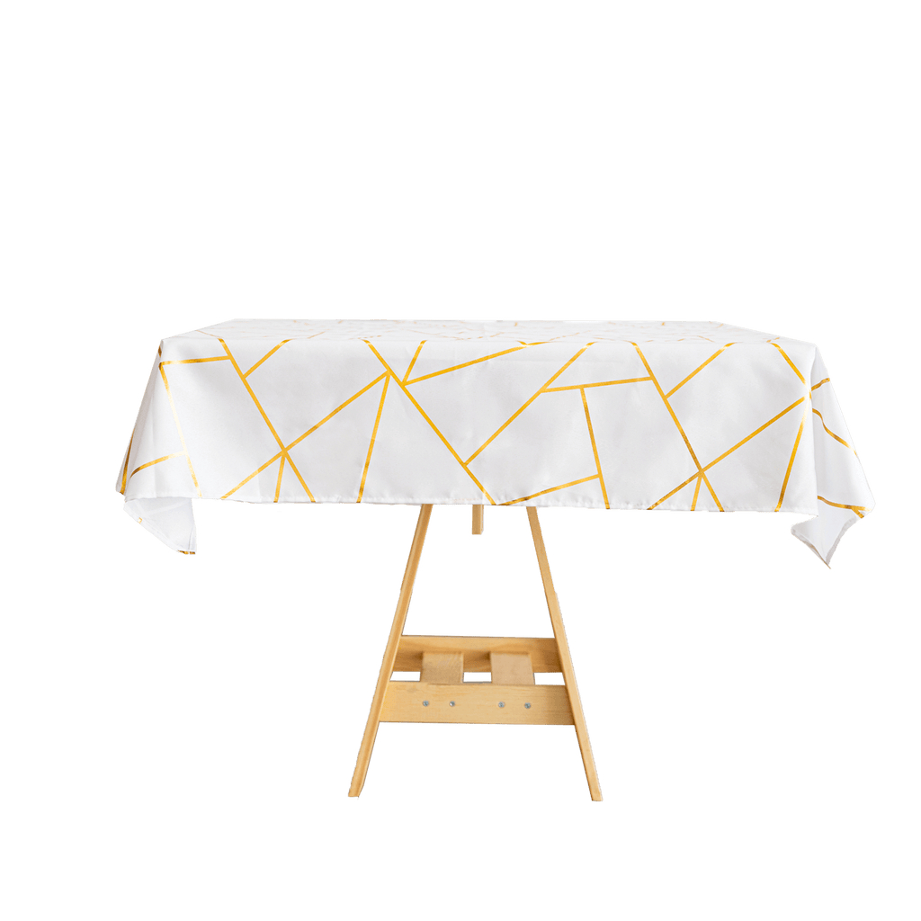 Polyester 54"x54" Square Tablecloth White with Gold Foil Geometric Pattern - Wrinkle-Resistant & Durable for Stylish Settings