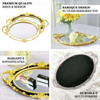 Resin Mirrored Vanity Oval Serving Tray 14"x10" in Black with Metallic Gold Baroque Design, Stylish Decorative Vanity Tray Centerpiece