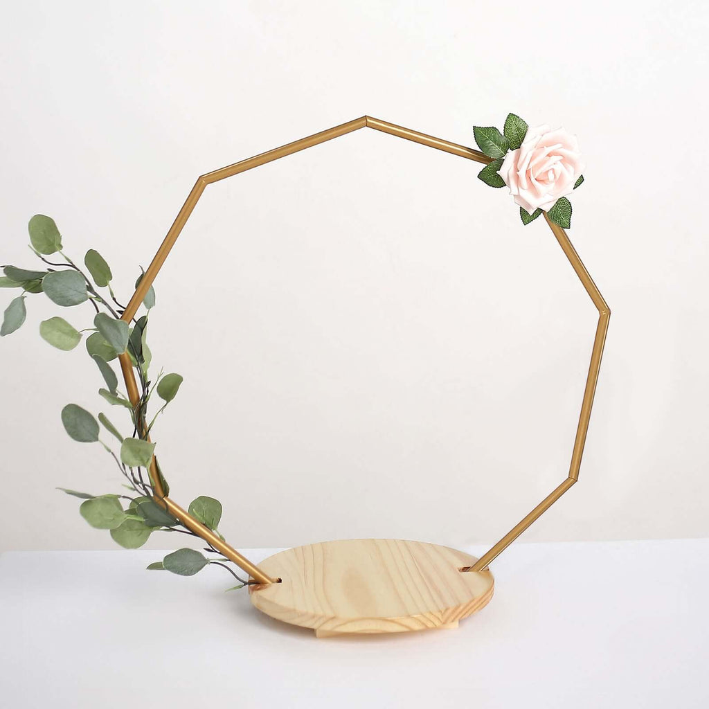 Metal Nonagon Floral Hoop Cake Stand Gold - Chic Geometric Dessert Display DIY Centerpiece Table Decoration With Wooden Base 22"