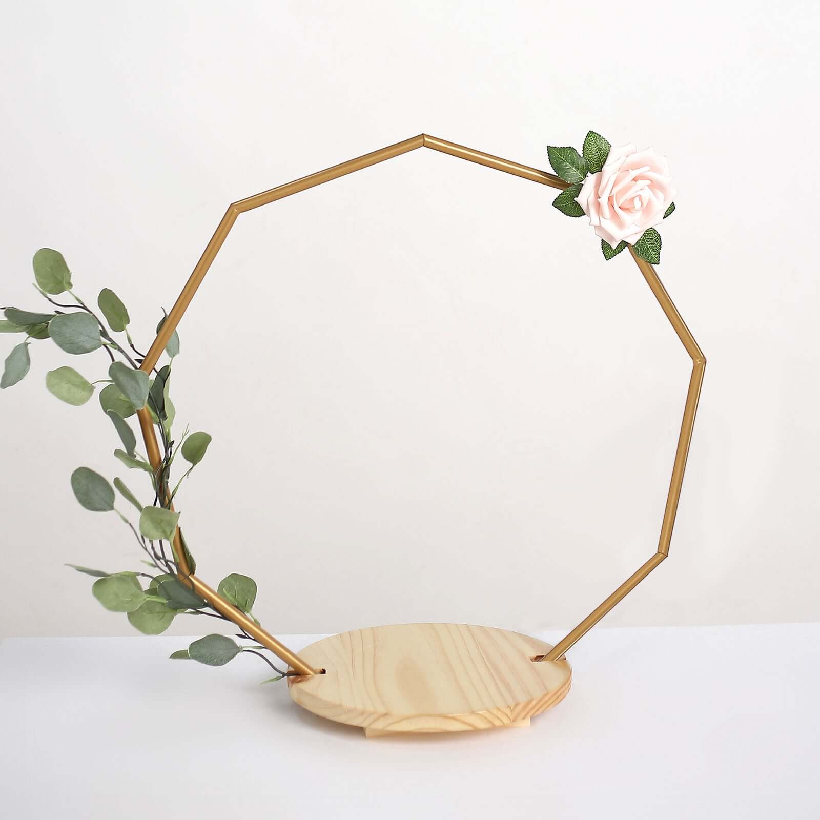 Metal Nonagon Floral Hoop Cake Stand Gold - Chic Geometric Dessert Display DIY Centerpiece Table Decoration With Wooden Base 22"