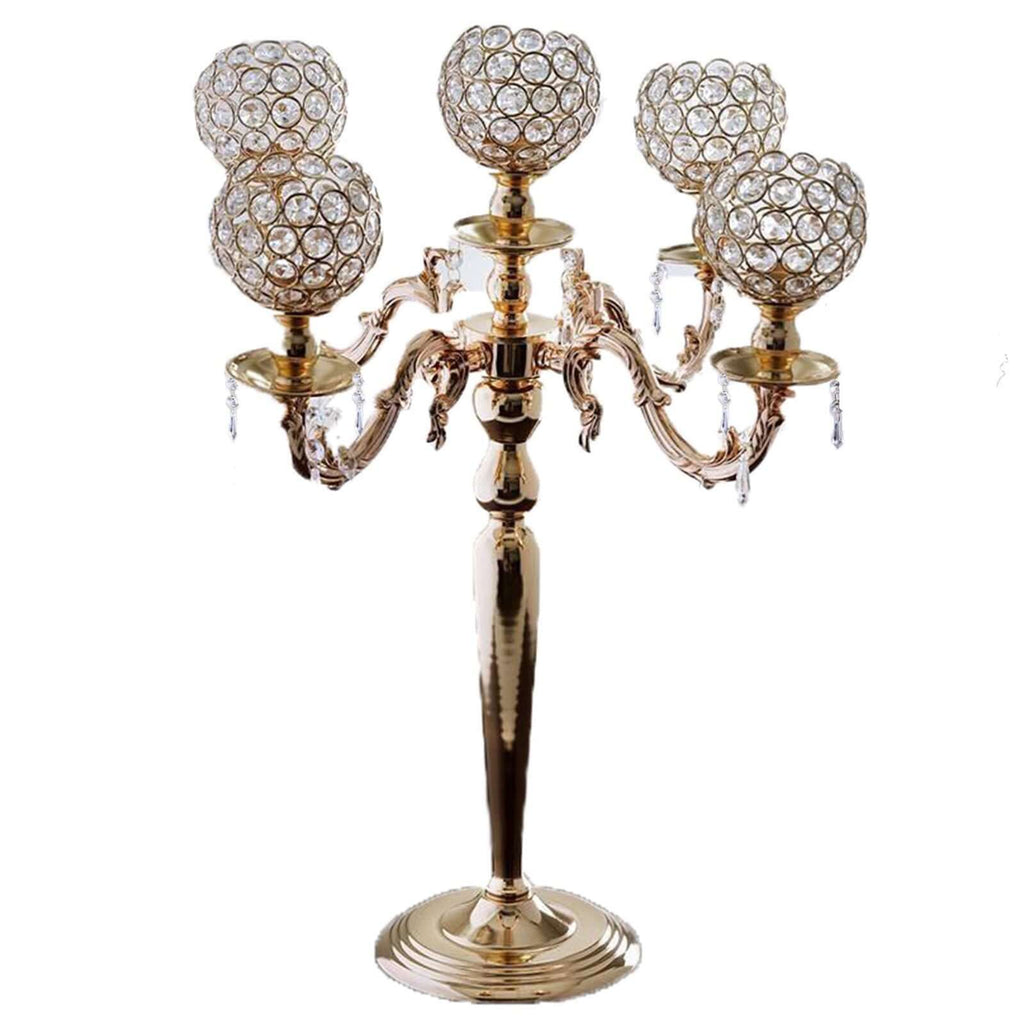 5-Arm Crystal Beaded Globe Candelabra Gold Metal - Chic Candle Holder Table Centerpiece for Gatherings 25"