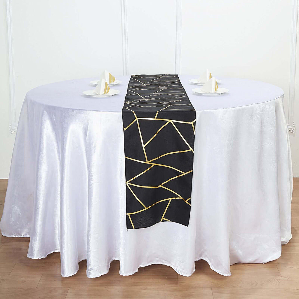 Polyester 9ft Table Runner Black with Gold Foil Modern Geometric Accent