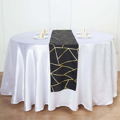 Polyester 9ft Table Runner Black with Gold Foil Modern Geometric Accent