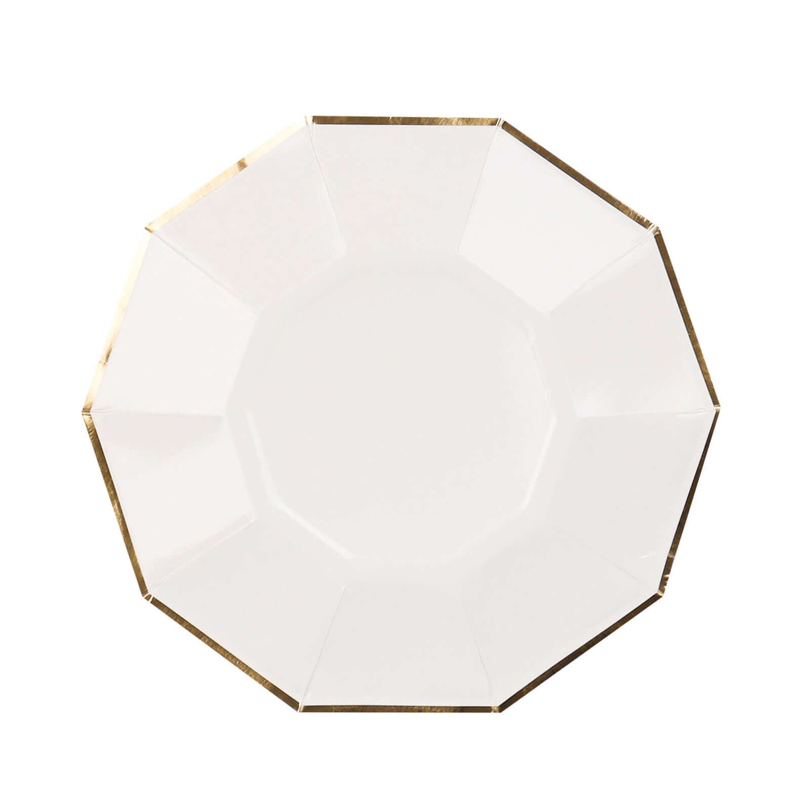 25-Pack Paper 7" Decagon Appetizer Plates in White with Gold Foil Rim - Stylish Geometric Dessert/Salad Plates for Cocktail Parties & Receptions